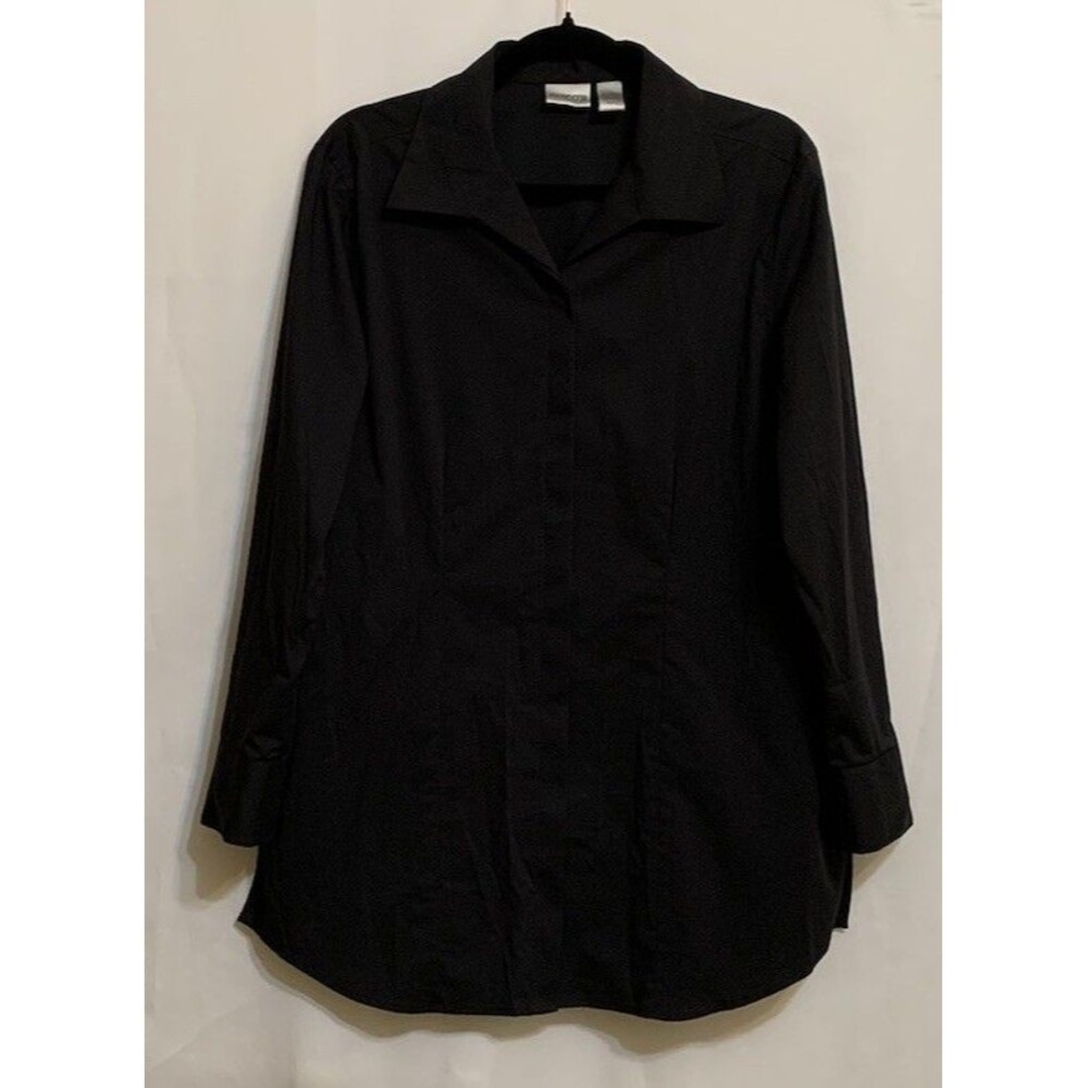 Chicos Size 2 Womens Large Black Solid Collared Button Front Long Sleeve Blouse